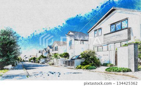 A watercolor illustration of a residential area with refreshing pastel blue skies and greenery 134425362