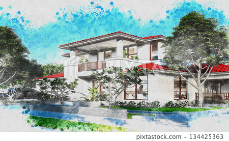 Watercolor illustration of a modern detached house against a blue sky Watercolor illustration of a modern detached house against a blue sky 134425363