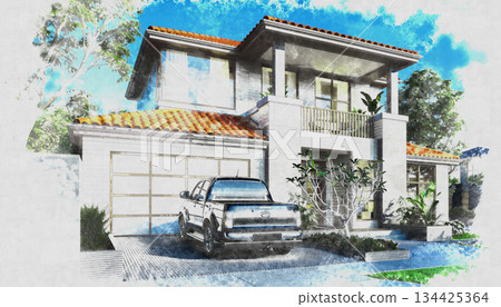 Watercolor illustration of a modern detached house against a blue sky 134425364