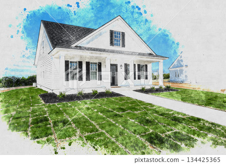 一幅水彩插畫，描繪了一棟簡單的獨立式房屋，白色外牆，藍天白雲，草坪如茵。 134425365