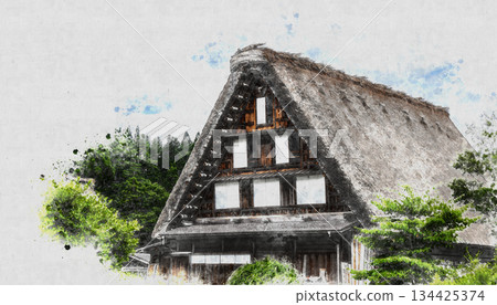 白川鄉一座古老的合掌造房屋的水彩插圖 134425374