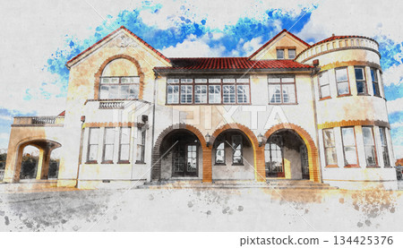 Retro Spanish-style Western-style house watercolor illustration Retro Spanish-style Western-style house watercolor illustration 134425376