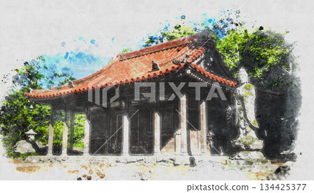 古老寺廟的主殿和佛像，紅瓦屋頂－水彩畫 134425377