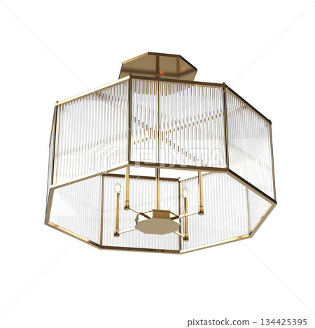 chandelier on the ceiling isolated on transparent background, hanging lamp, pendant light, 3D illustration, cg render 134425395