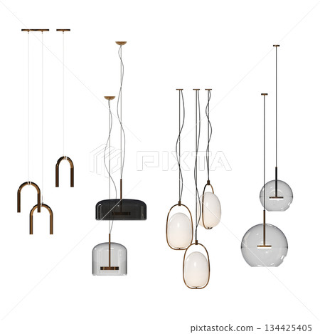 chandelier on the ceiling isolated on transparent background, hanging lamp, pendant light, 3D illustration, cg render 134425405