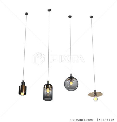 chandelier on the ceiling isolated on transparent background, hanging lamp, pendant light, 3D illustration, cg render 134425446