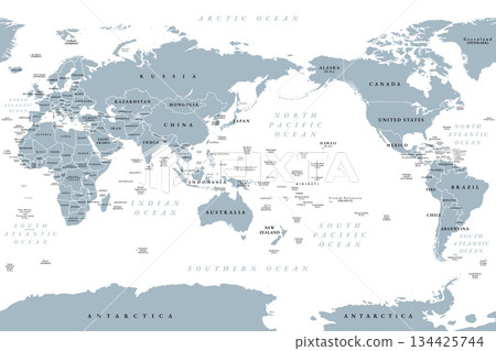 Pacific centered world map. Gray political map, placing Pacific Ocean at the center, showcasing Asia, Oceania, and the Americas around it, emphasizing the Pacific Rim. Cylindrical projection. Vector Pacific centered world map. Gray political map, placing Pacific Ocean at the center, showcasing Asia, Oceania, and the Americas around it, emphasizing the Pacific Rim. Cylindrical projection. Vector 134425744