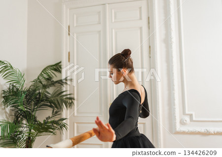 Young ballerina in tutu skirt stretching practicing ballet positions dancing near ballet barre in dance class. Young classical dancer woman in dance studio. Ballet class training Ballet school concept 134426209