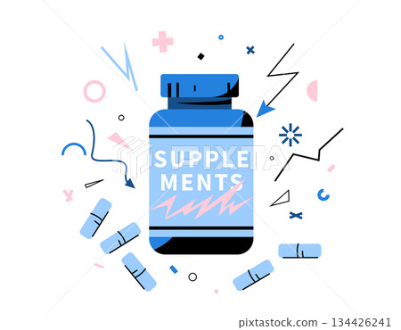 Supplement bottle, capsules vector illustration. Blue supplement jar with label and blue pills surrounded by dynamic, lightning shapes. Concept for vitamins, sport nutrition, energy, health, fitness 134426241