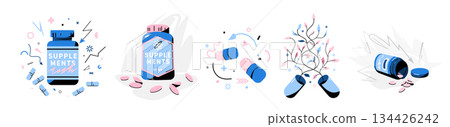 Supplements concept vector illustration set. Energy capsules, nutrition bottle, herbal organic medicine, spilled pills. Concept for health, vitamins, fitness and modern pharmacy design 134426242