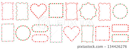 Candy cane vector frames with different shapes, square, circle, heart and wavy coquette borders for Christmas and Valentine's Day designs 134426276