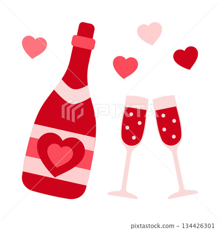 A bottle of champagne and a pair of champagne glasses with a heart isolated on a white background, vector icon. Valentine's Day and wedding concept. 134426301