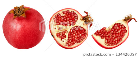Pomegranate collection Isolated on a white background. Whole pomegranate, half of pomegranate and slice of pomegranate with clipping path. Pomegranate collection Isolated on a white background. Whole pomegranate, half of pomegranate and slice of pomegranate with clipping path. 134426357