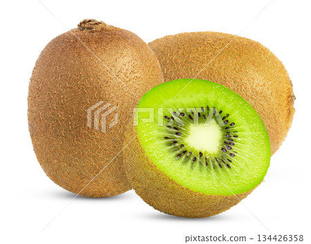 Two ripe kiwi fruits and half isolated on white background. Kiwis isolated. Two ripe kiwi fruits and half isolated on white background. Kiwis isolated. 134426358
