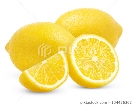 Two juicy lemons and half and slice of lemon isolated. Two juicy lemons and half and slice of lemon isolated. 134426362