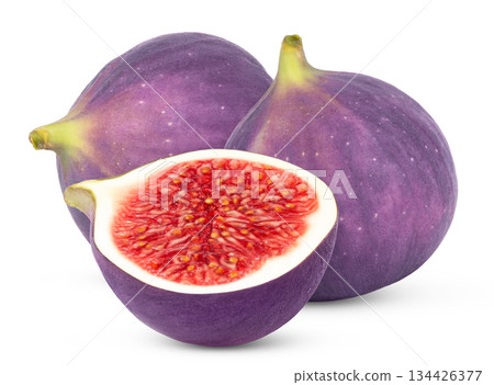 Fresh purple fig fruits and half of fig isolated. 134426377