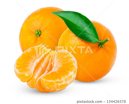 Two whole and half of peeled mandarin, tangerine or clementine with green leaf isolated. Two whole and half of peeled mandarin, tangerine or clementine with green leaf isolated. 134426378