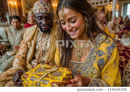 Woman in traditional attire joyfully receiving gift at cultural celebration Woman in traditional attire joyfully receiving gift at cultural celebration 134426395