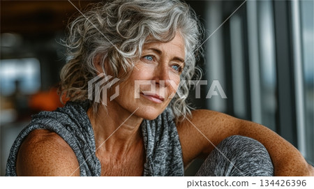 Mature woman with curly hair in activewear reflecting in modern space 134426396