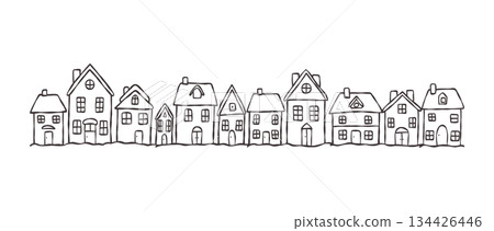 Christmas clipart set, cozy winter village houses, cute tiny street buildings, festive holiday town decor, vector hand drawn Christmas clipart set, cozy winter village houses, cute tiny street buildings, festive holiday town decor, vector hand drawn 134426446