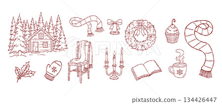 Winter cabin lifestyle collection, hand drawn forest cottage, christmas wreath, candle holder, scarf, cozy holiday home decor, vector Winter cabin lifestyle collection, hand drawn forest cottage, christmas wreath, candle holder, scarf, cozy holiday home decor, vector 134426447