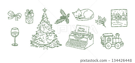 Hand drawn christmas holiday collection, cozy winter typewriter, decorated tree, sleeping cat, steam train toy, festive home decor, vector Hand drawn christmas holiday collection, cozy winter typewriter, decorated tree, sleeping cat, steam train toy, festive home decor, vector 134426448