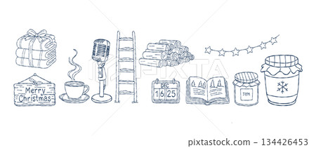 Winter lifestyle clipart bundle, hand drawn christmas firewood pile, wooden ladder, jam jar, retro microphone, cozy holiday decor, vector illustration Winter lifestyle clipart bundle, hand drawn christmas firewood pile, wooden ladder, jam jar, retro microphone, cozy holiday decor, vector illustration 134426453