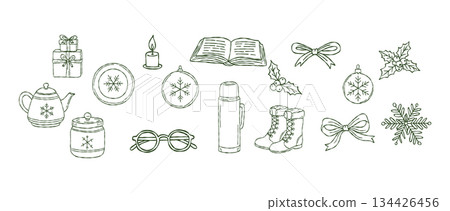 Winter essentials clipart collection, hand drawn christmas teapot, glasses, snow boots, open book, candle, holiday decor, vector illustration Winter essentials clipart collection, hand drawn christmas teapot, glasses, snow boots, open book, candle, holiday decor, vector illustration 134426456