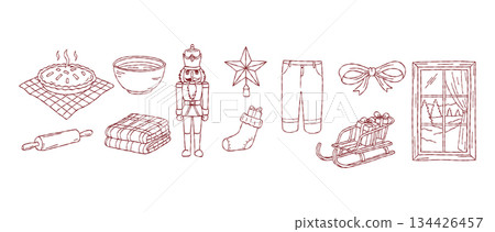 Traditional holiday clipart bundle, hand drawn christmas nutcracker, baked pie, star, sleigh with gifts, winter window, vector 134426457