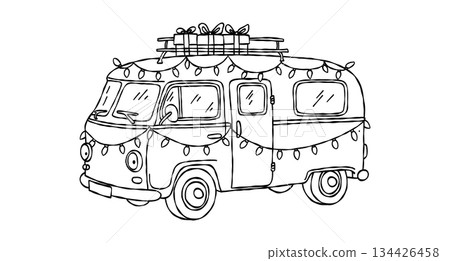 Vintage holiday travel collection, hand drawn christmas camper van, retro bus with lights, gift boxes, seasonal celebration, vector 134426458