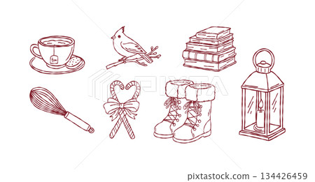 Cozy winter hygge collection, hand drawn christmas tea cup, cardinal bird on branch, stack of books, lantern, snow boots, vector illustration 134426459