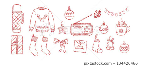 Hand Drawn Christmas Clipart Set, Cozy Winter Reindeer Sweater, Retro Radio, Hot Cocoa, Festive Stockings, and Holiday Decorations. Vector illustration Hand Drawn Christmas Clipart Set, Cozy Winter Reindeer Sweater, Retro Radio, Hot Cocoa, Festive Stockings, and Holiday Decorations. Vector illustration 134426460