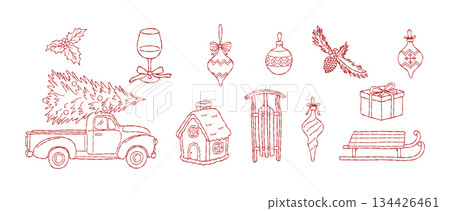 Hand Drawn Christmas Clipart Set, Cozy Winter Pickup Truck with Tree, Gingerbread House, Sled, Holiday Baubles, and Decorations. Vector illustration Hand Drawn Christmas Clipart Set, Cozy Winter Pickup Truck with Tree, Gingerbread House, Sled, Holiday Baubles, and Decorations. Vector illustration 134426461