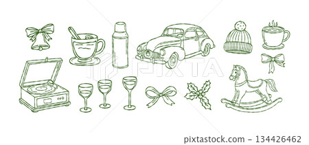 Hand drawn christmas clipart set, cozy winter vintage car, record player, rocking horse, holiday mulled wine, vector illustration Hand drawn christmas clipart set, cozy winter vintage car, record player, rocking horse, holiday mulled wine, vector illustration 134426462