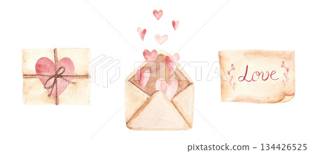 Old Vintage Love Letters set with pink hearts and LOVE words. Hand drawn Watercolor illustration isolated on a white background. Perfect for Valentine card, romantic social media post, wedding Old Vintage Love Letters set with pink hearts and LOVE words. Hand drawn Watercolor illustration isolated on a white background. Perfect for Valentine card, romantic social media post, wedding 134426525