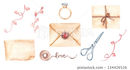 Watercolor love letter set with envelope and heart seal, garland with heart shaped lights, scissors and engagement ring. Ideal for Valentine card, romantic stationery, wedding invitation, proposal Watercolor love letter set with envelope and heart seal, garland with heart shaped lights, scissors and engagement ring. Ideal for Valentine card, romantic stationery, wedding invitation, proposal 134426526