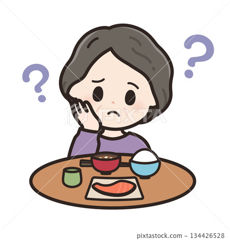 Illustration of an elderly woman with taste disorder 134426528
