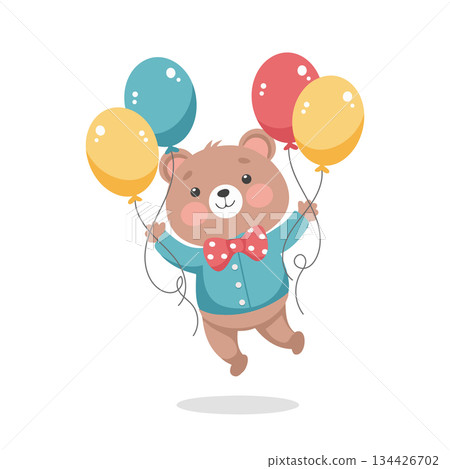 Happy cute teddy bear with colorful balloons. Festive illustration. Birthday card. 134426702
