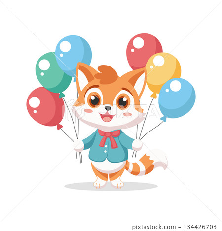 Happy cute fox with colorful balloons. Festive illustration. Birthday card. Happy cute fox with colorful balloons. Festive illustration. Birthday card. 134426703