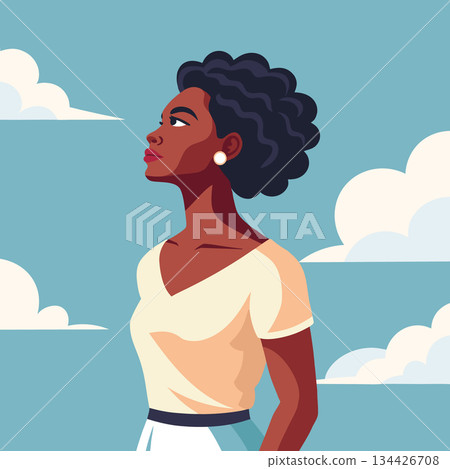 Optimistic woman looking up in a sky with hope. Hope, mental health, Women's Day, March 8. Feminism concept. Optimistic woman looking up in a sky with hope. Hope, mental health, Women's Day, March 8. Feminism concept. 134426708