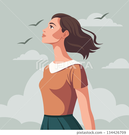 Optimistic woman looking up in a sky with hope. Hope, mental health, Women's Day, March 8. Feminism concept.  134426709