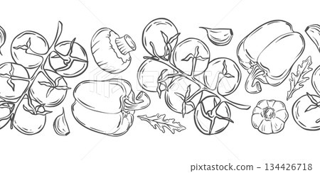 Seamless horizontal outline pattern with tomatoes, peppers, and mushrooms. Doodle illustration of vegetables. Illustration of healthy eating ingredients. Seamless horizontal outline pattern with tomatoes, peppers, and mushrooms. Doodle illustration of vegetables. Illustration of healthy eating ingredients. 134426718