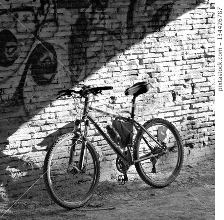 mountain bike leaning on a wall mountain bike leaning on a wall 134426787