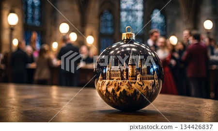 A group of people celebrate in a magical castle hall, decorated with glowing Christmas trees and festive lights. The concept is about celebration, tradition, and community. 134426837