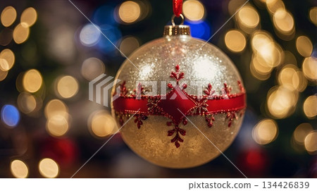 A group of people celebrate in a magical castle hall, decorated with glowing Christmas trees and festive lights. The concept is about celebration, tradition, and community. 134426839