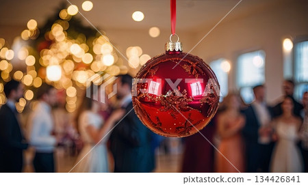 A group of people celebrate in a magical castle hall, decorated with glowing Christmas trees and festive lights. The concept is about celebration, tradition, and community. 134426841