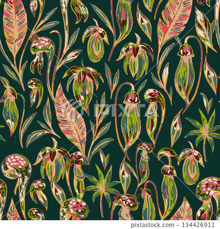 Hand drawn botanical pattern with carnivorous pitcher plants and jungle leaves for textile design, home decor, and fashion packaging. Hand drawn botanical pattern with carnivorous pitcher plants and jungle leaves for textile design, home decor, and fashion packaging. 134426911