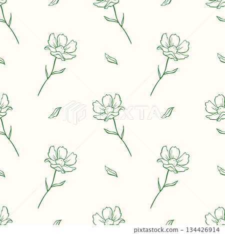 Floral seamless pattern. Outline daisy flowers and leaves 134426914