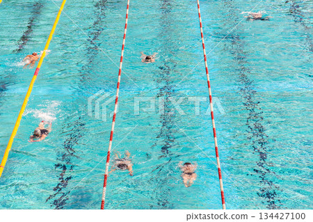 Unrecognizable people swimming in beautiful outdoors public pool, Podoli swimming complex, Prague, Czech republic 134427100