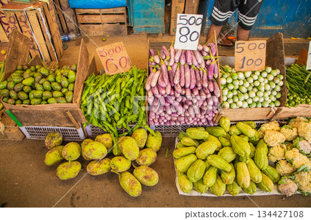 variety of vegetables, fruits, cereals and dried fish in Sri Lanka 134427108